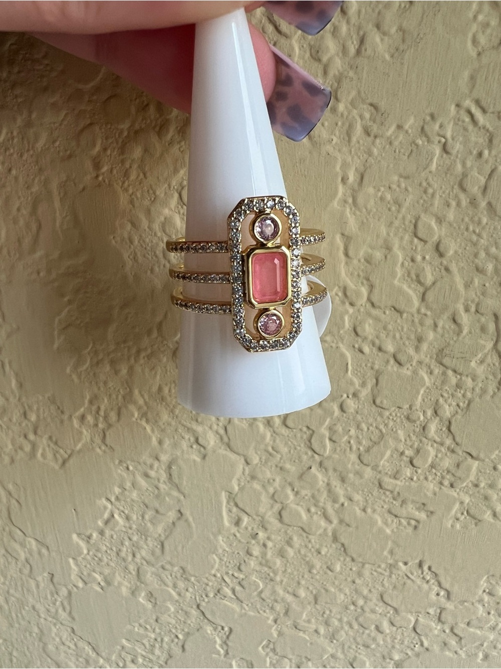 Gold-Tone Pink Stone Triple-Band Statement Ring
